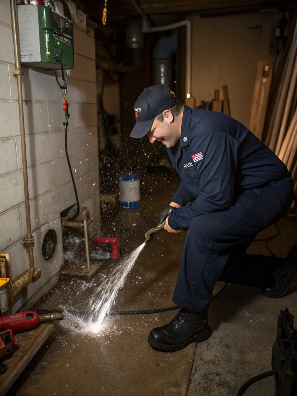 A plumber inspecting a burst pipe in a residential home, highlighting the urgency and expertise required to handle emergency plumbing situations.