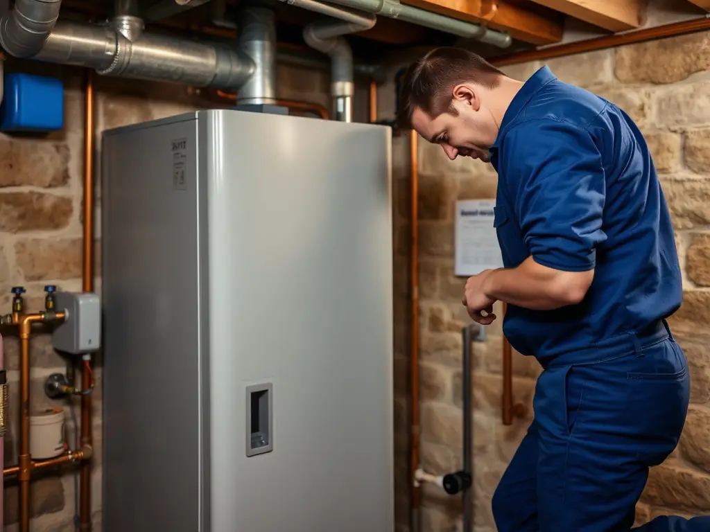 A technician performing a safety check on a residential boiler system, highlighting the importance of regular maintenance.