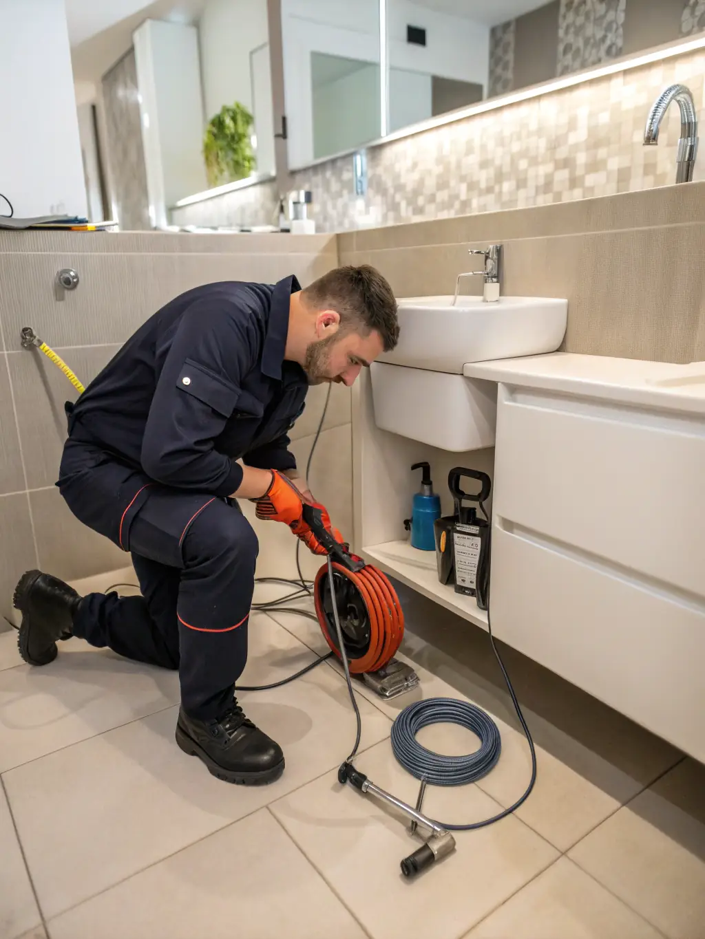 A plumber using a drain snake to clear a clogged drain in a bathroom sink, demonstrating the process of removing obstructions and restoring proper water flow.
