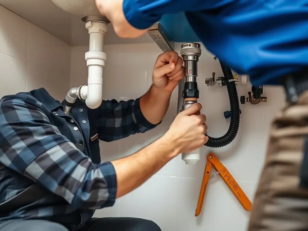A plumber fixing a leaky pipe under a kitchen sink, showcasing a typical general plumbing repair scenario.