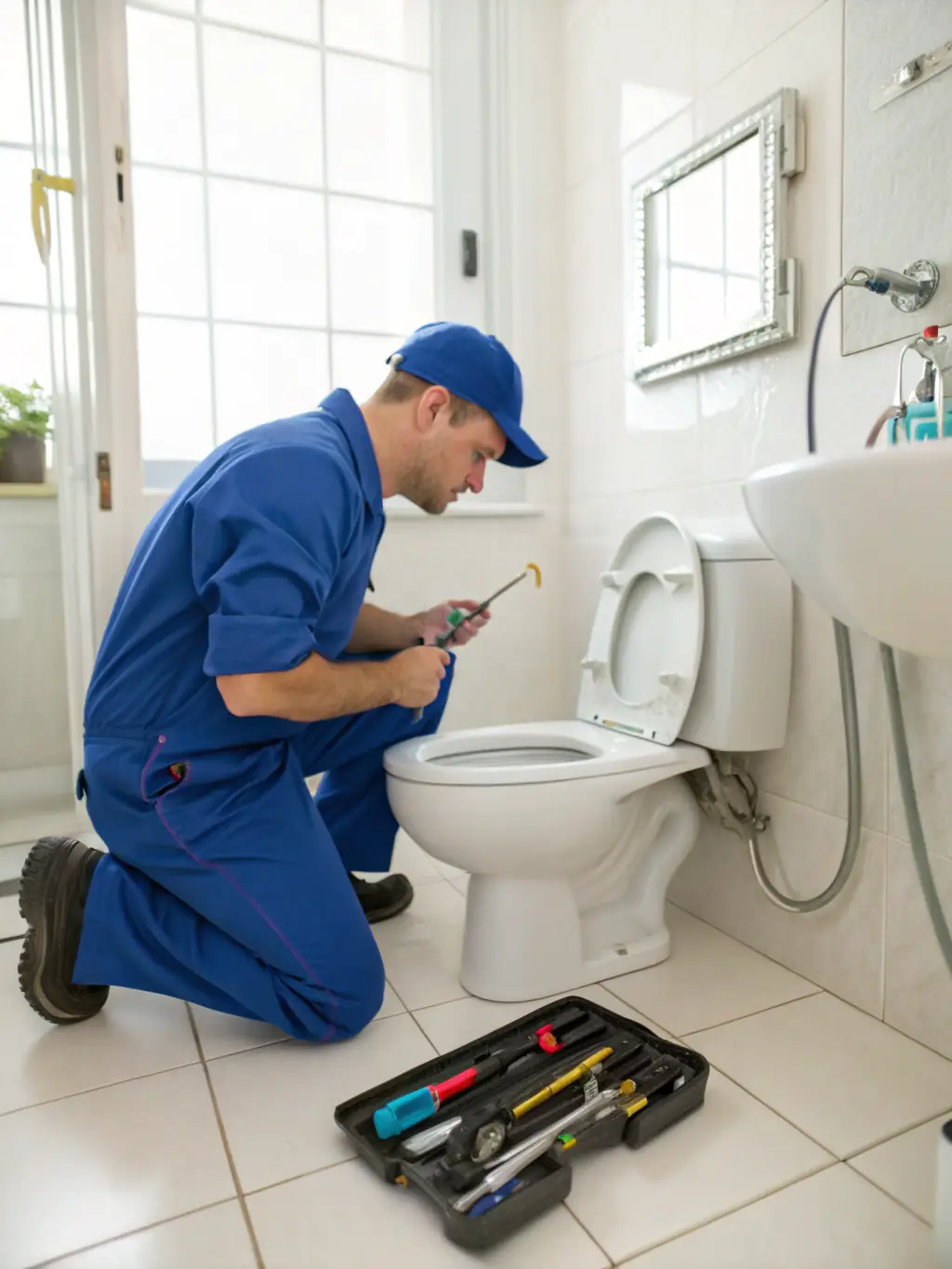 A plumber installing a new toilet in a bathroom, showcasing the process of replacing old or damaged fixtures with modern, efficient models.