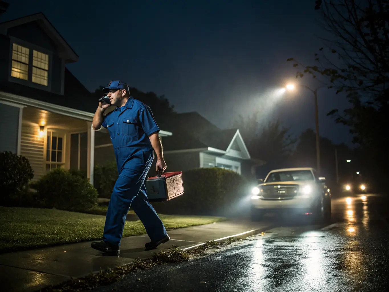 A plumber responding to an emergency call at night, with water leaking in the background, emphasizing the urgency of the situation.