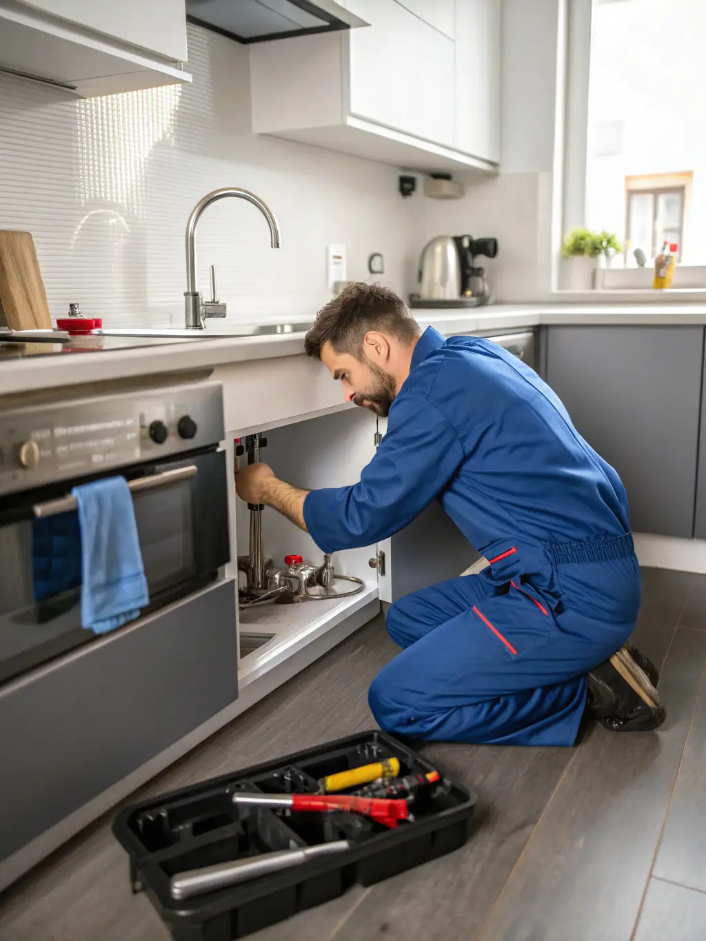A close-up shot of a plumber's hands expertly tightening a pipe fitting under a kitchen sink, showcasing precision and skill in a typical plumbing repair scenario.